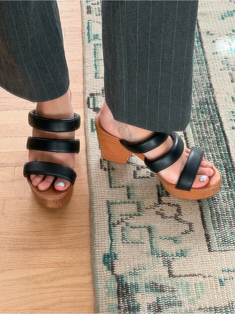 Free People Black Leather Triple-Strap Wooden Platform Sandals